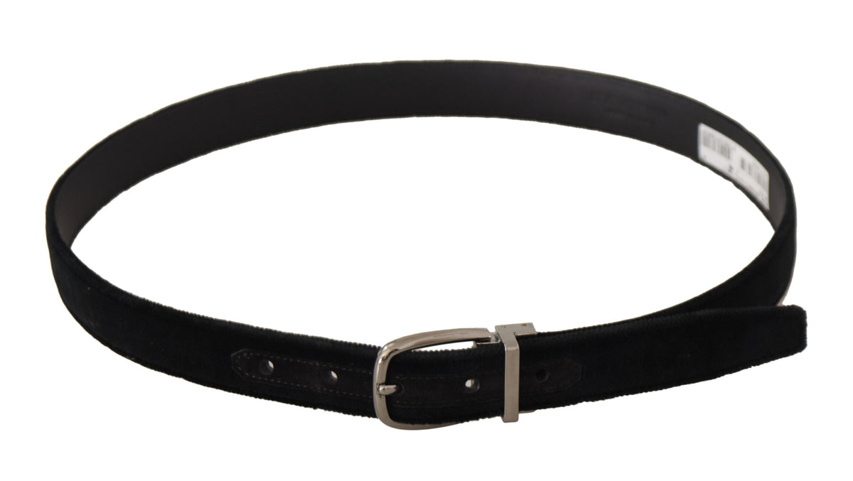 Dolce & Gabbana Black Classic Velvet Silver Tone Metal Buckle Belt schwarz