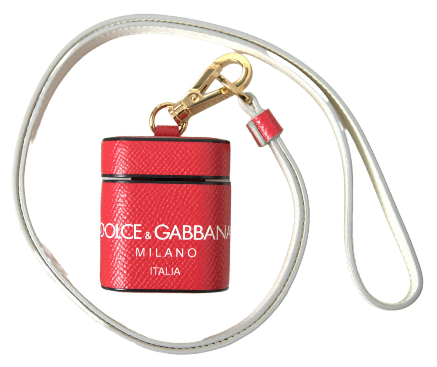 Dolce & Gabbana Red Leather Gold Tone Metal Logo Print Strap Airpods Case Curated Luxury Accessories by Orvyn