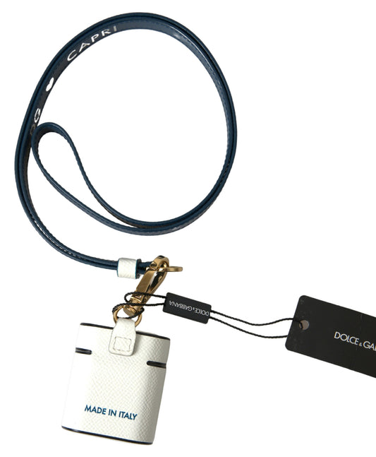 Dolce & Gabbana White Blue Calf Leather Logo Print Strap Airpods Case Curated Luxury Accessories by Orvyn