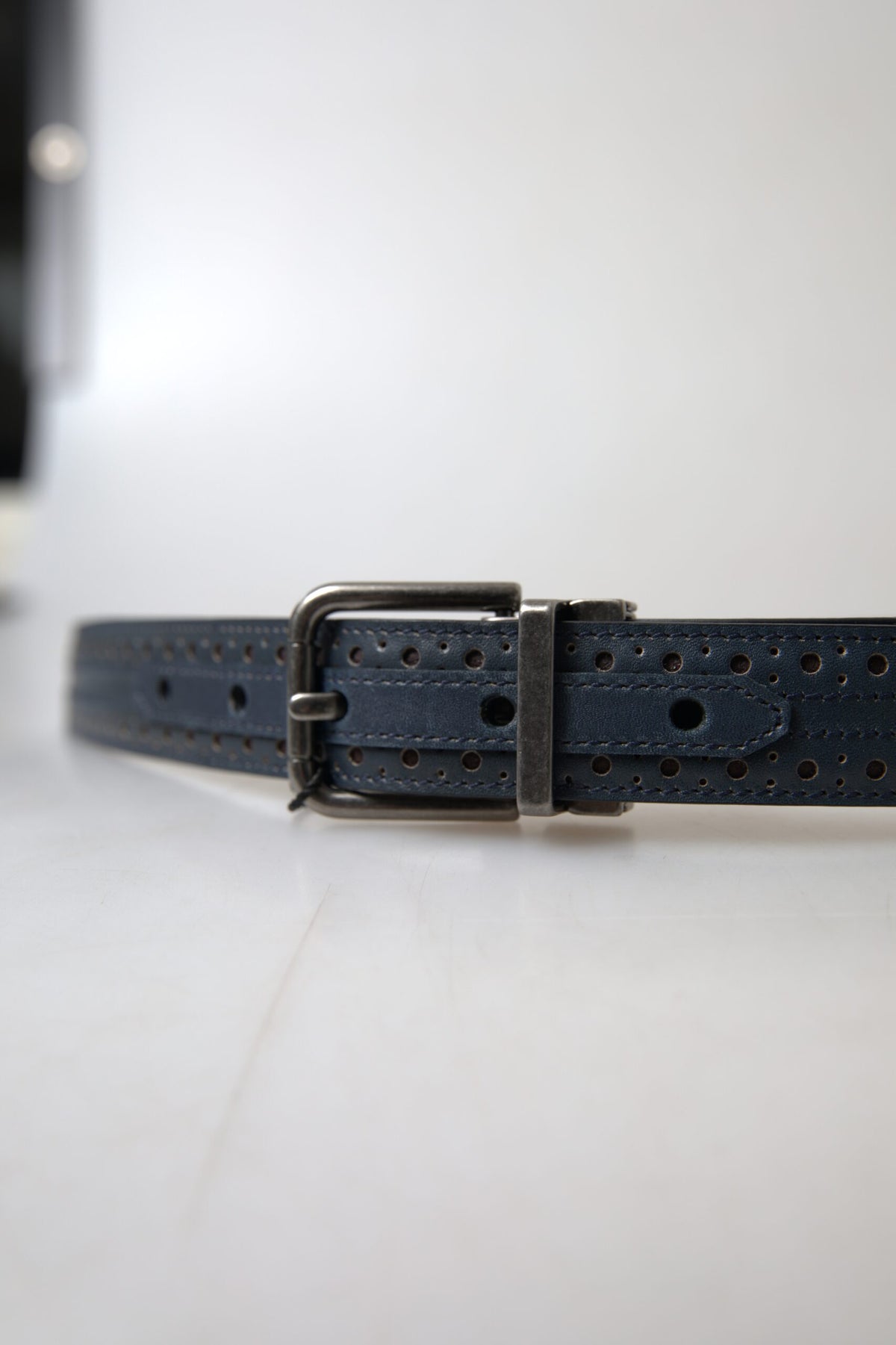 Dolce & Gabbana Blue Leather Perforated Metal Buckle Belt blau