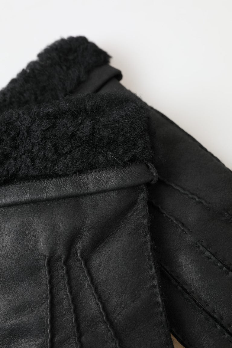 Dolce & Gabbana Black Leather Fur Short Hands Mitten Men Gloves Curated Luxury Accessories by Orvyn