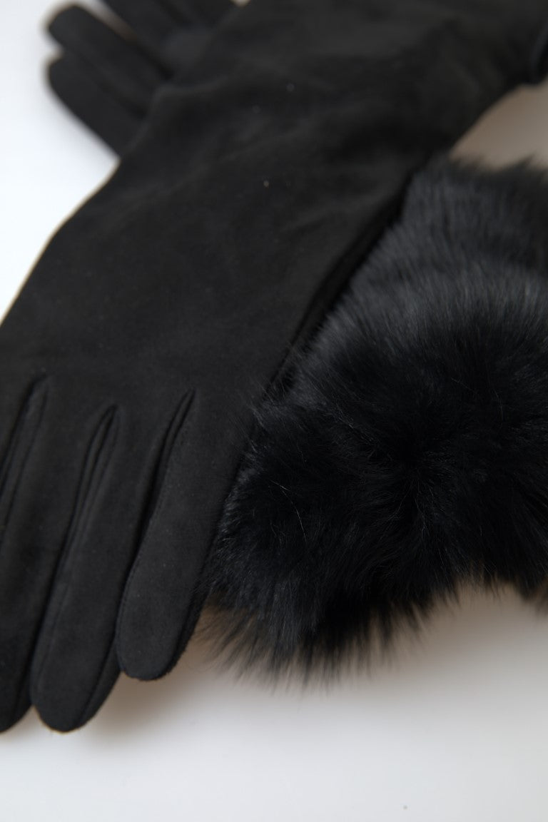 Dolce & Gabbana Black Leather Fur Elbow Length Gloves Curated Luxury Accessories by Orvyn