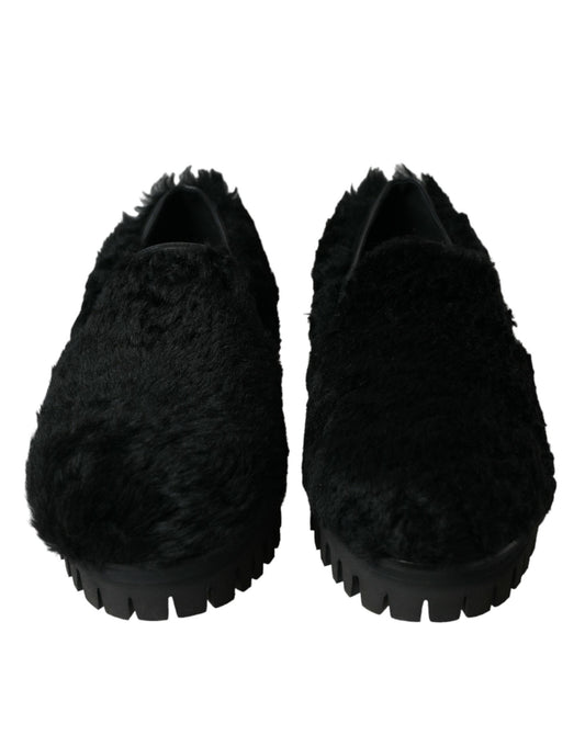 Dolce & Gabbana Black Fur Leather Slippers Dress Shoes Curated Luxury Accessories by Orvyn