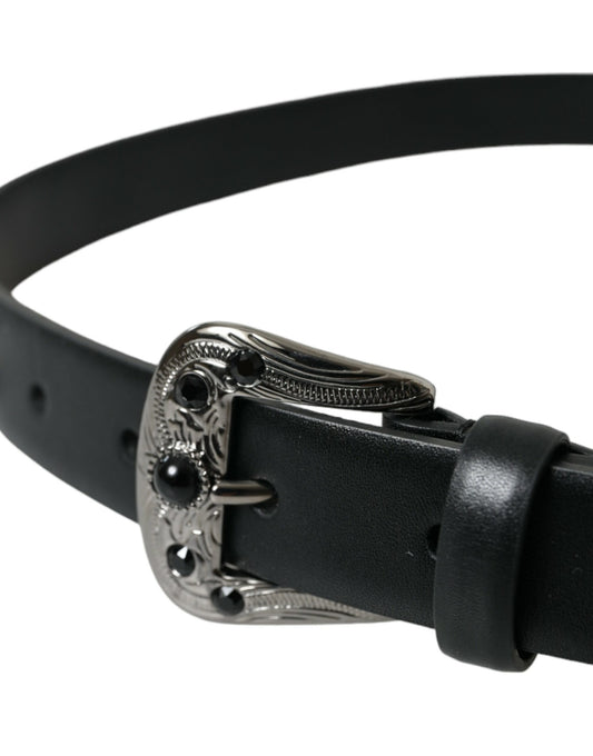 Dolce & Gabbana Black Embellished Leather Engraved Buckle Belt Curated Luxury Accessories by Orvyn