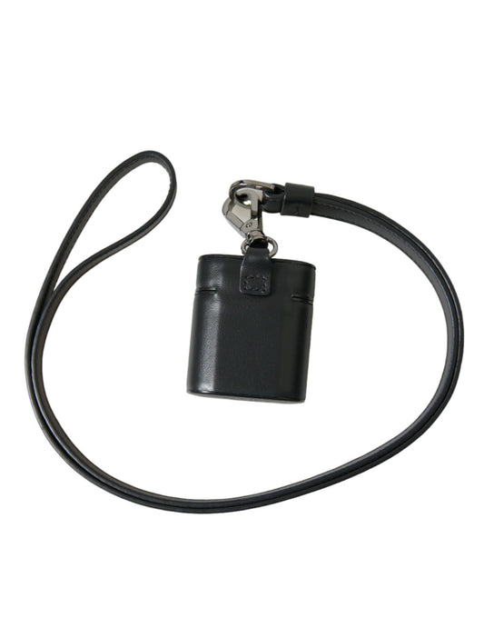 Dolce & Gabbana Black Leather Strap Silver Metal Logo Printed Airpods Case Curated Luxury Accessories by Orvyn