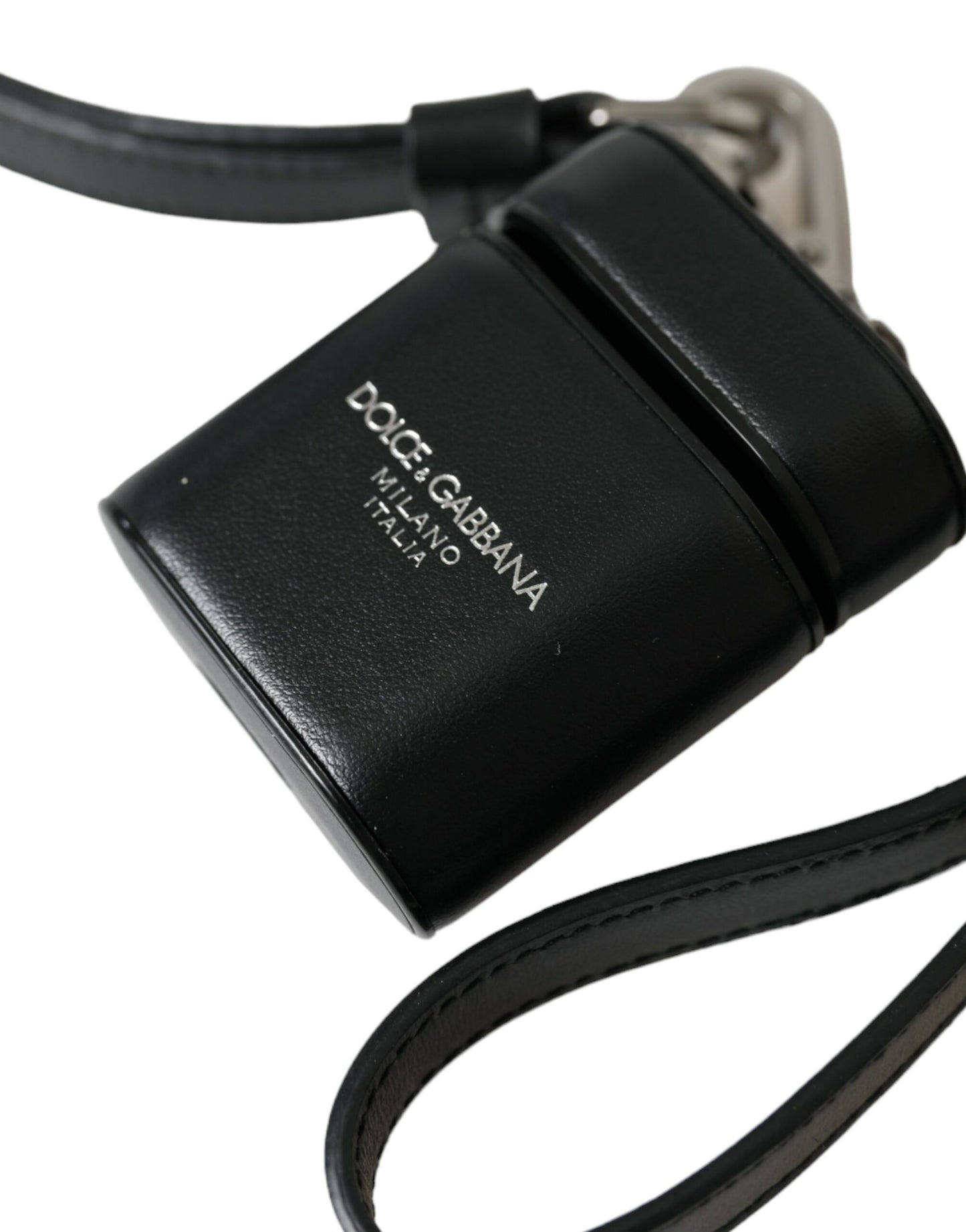 Dolce & Gabbana Black Leather Strap Silver Metal Logo Printed Airpods Case Curated Luxury Accessories by Orvyn