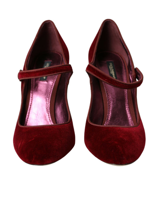 Dolce & Gabbana Red Velvet Gold Crystals Heels Mary Jane Shoes Curated Luxury Accessories by Orvyn