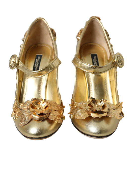 Dolce & Gabbana Gold Leather Crystal Mary Janes Pumps Shoes Curated Luxury Accessories by Orvyn