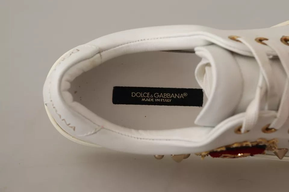 Dolce & Gabbana White Leather Gold Red Heart Sneakers Shoes weiss