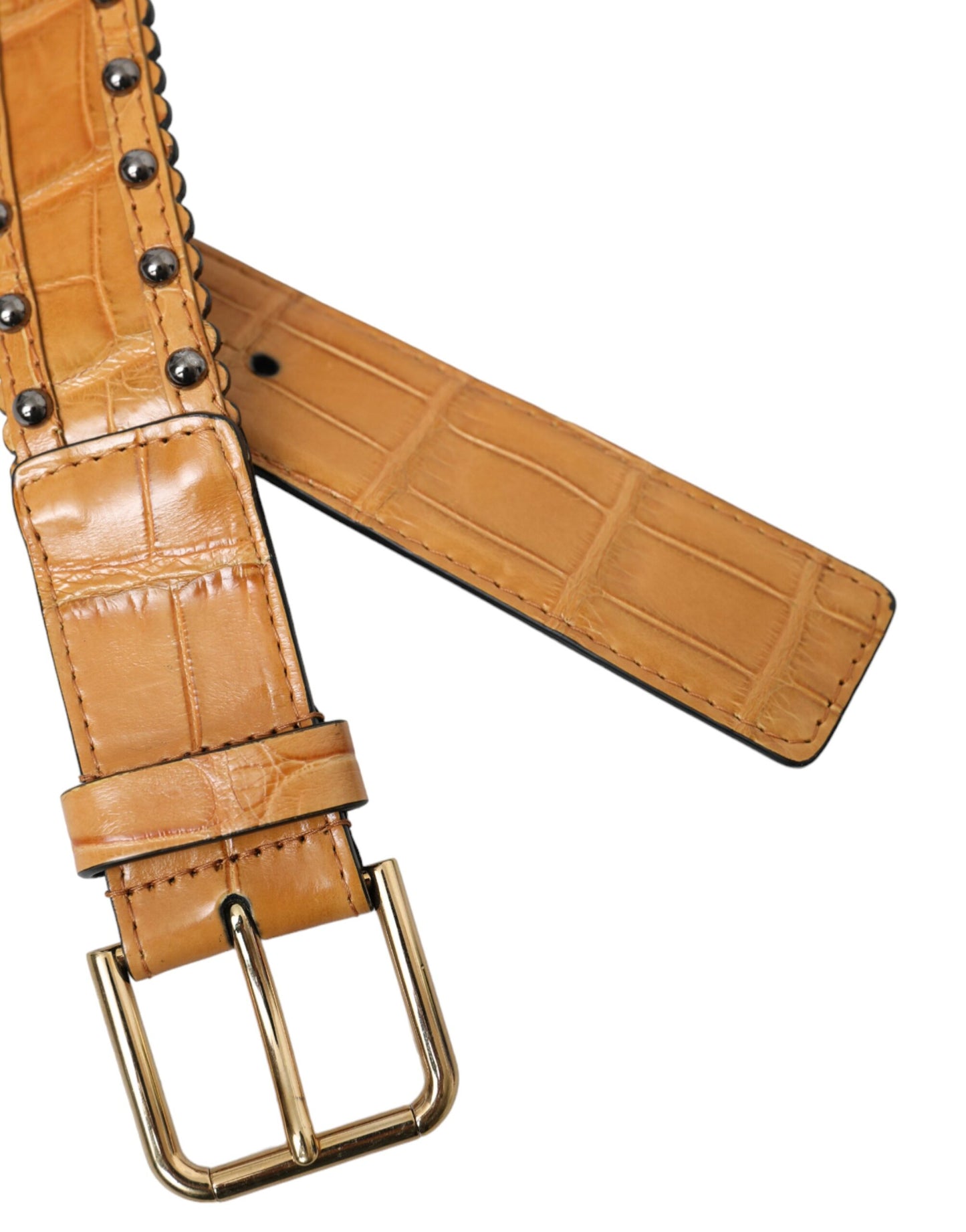 Dolce & Gabbana Beige Alligator Leather Studded Metal Buckle Belt Curated Luxury Accessories by Orvyn