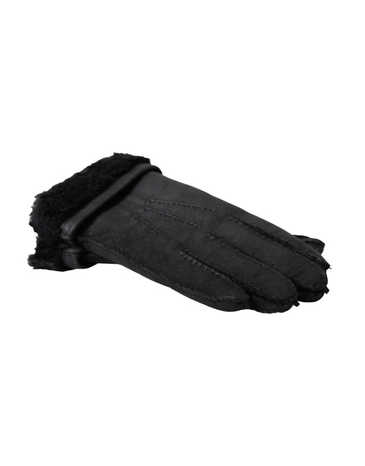 Dolce & Gabbana Black Leather Fur Short Hands Gloves schwarz