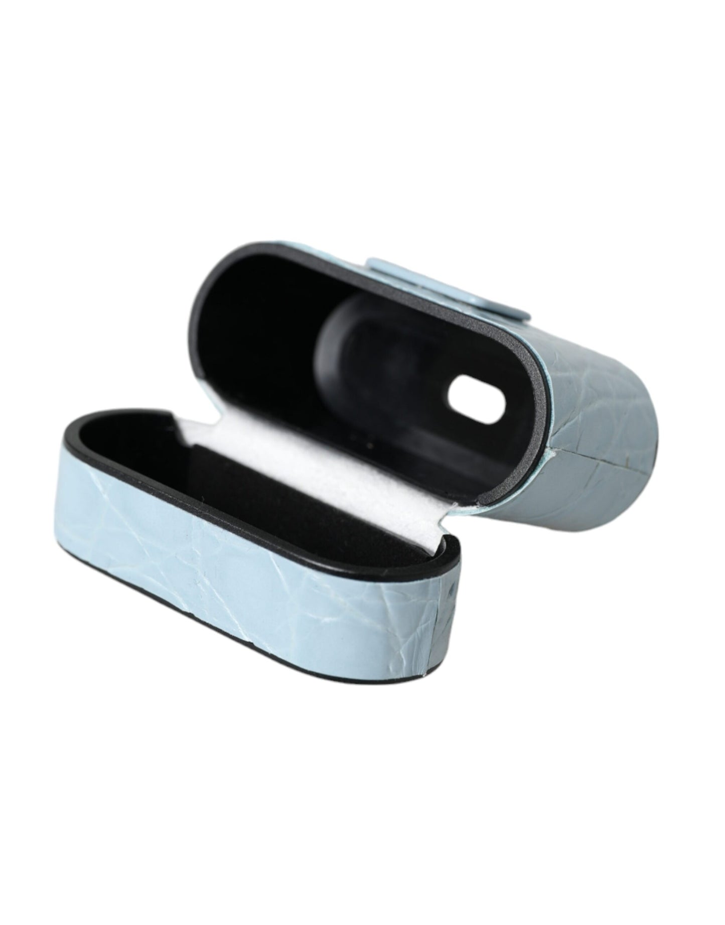 Dolce & Gabbana Light Blue Leather Metal Logo Plaque Airpods Case Curated Luxury Accessories by Orvyn
