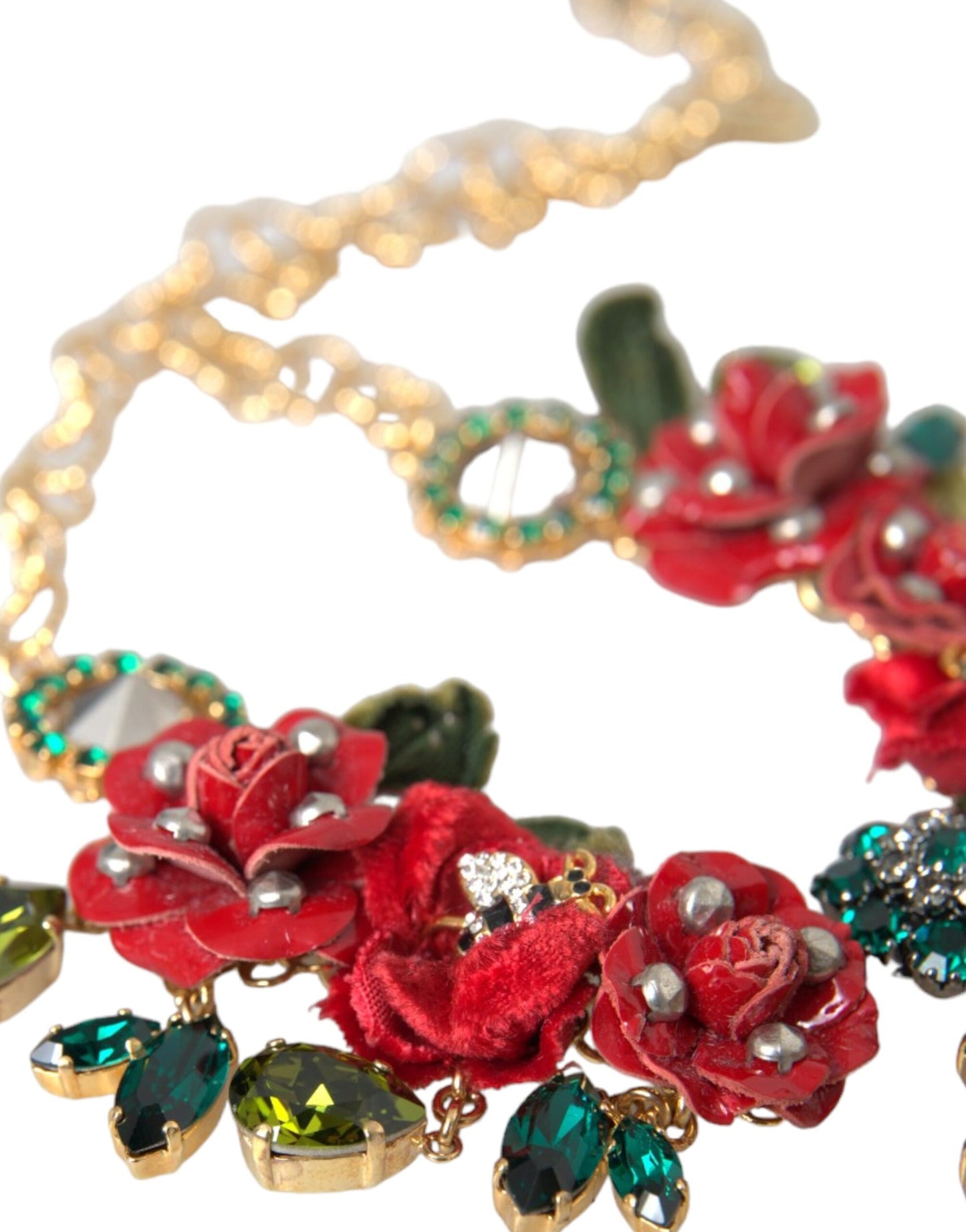 Dolce & Gabbana Gold Brass Link Chain RosePetal Crystal Pendant Necklace Curated Luxury Accessories by Orvyn