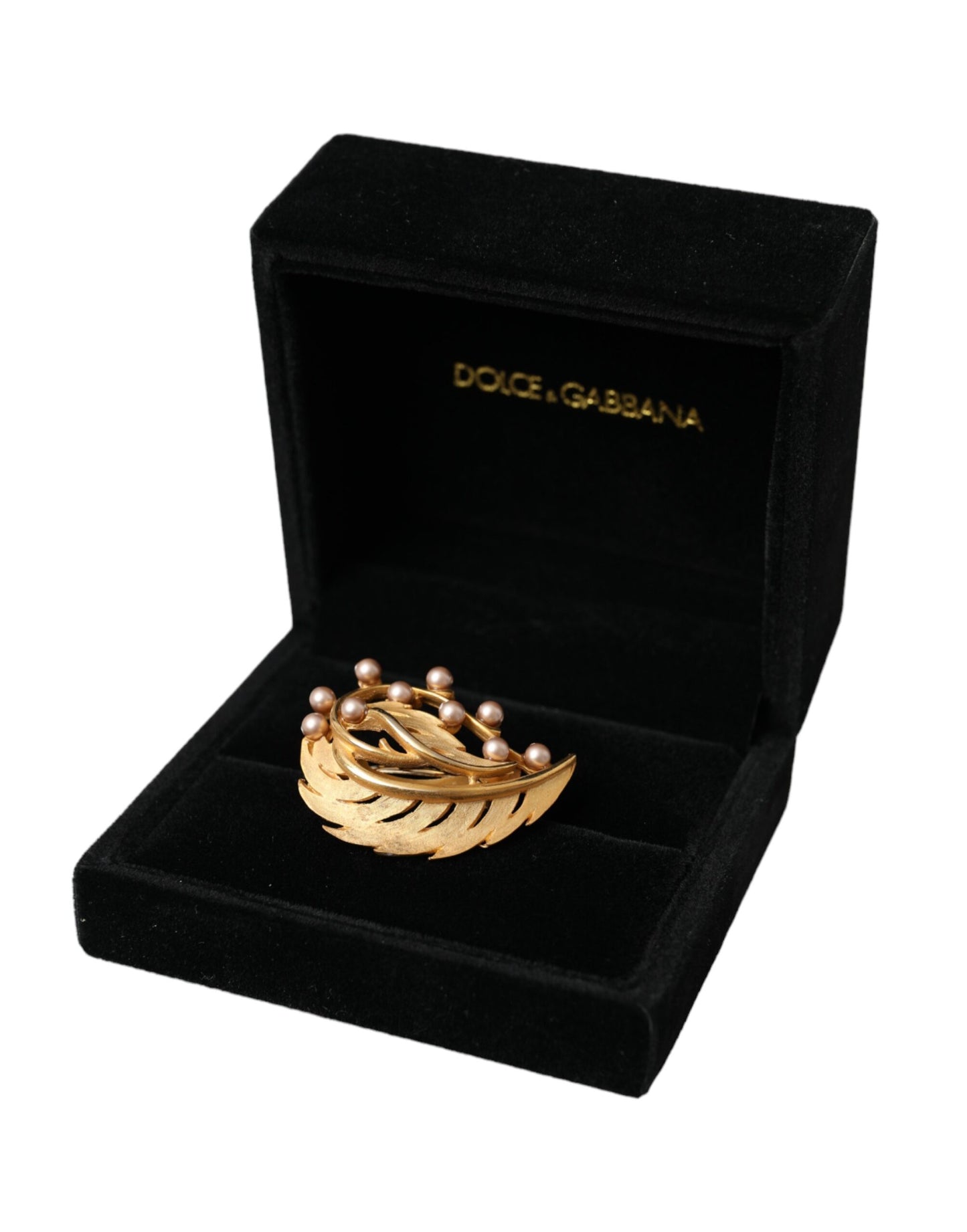 Dolce & Gabbana Gold Brass Leaf Embellished Jewelry Brooch Hair Pin Curated Luxury Accessories by Orvyn
