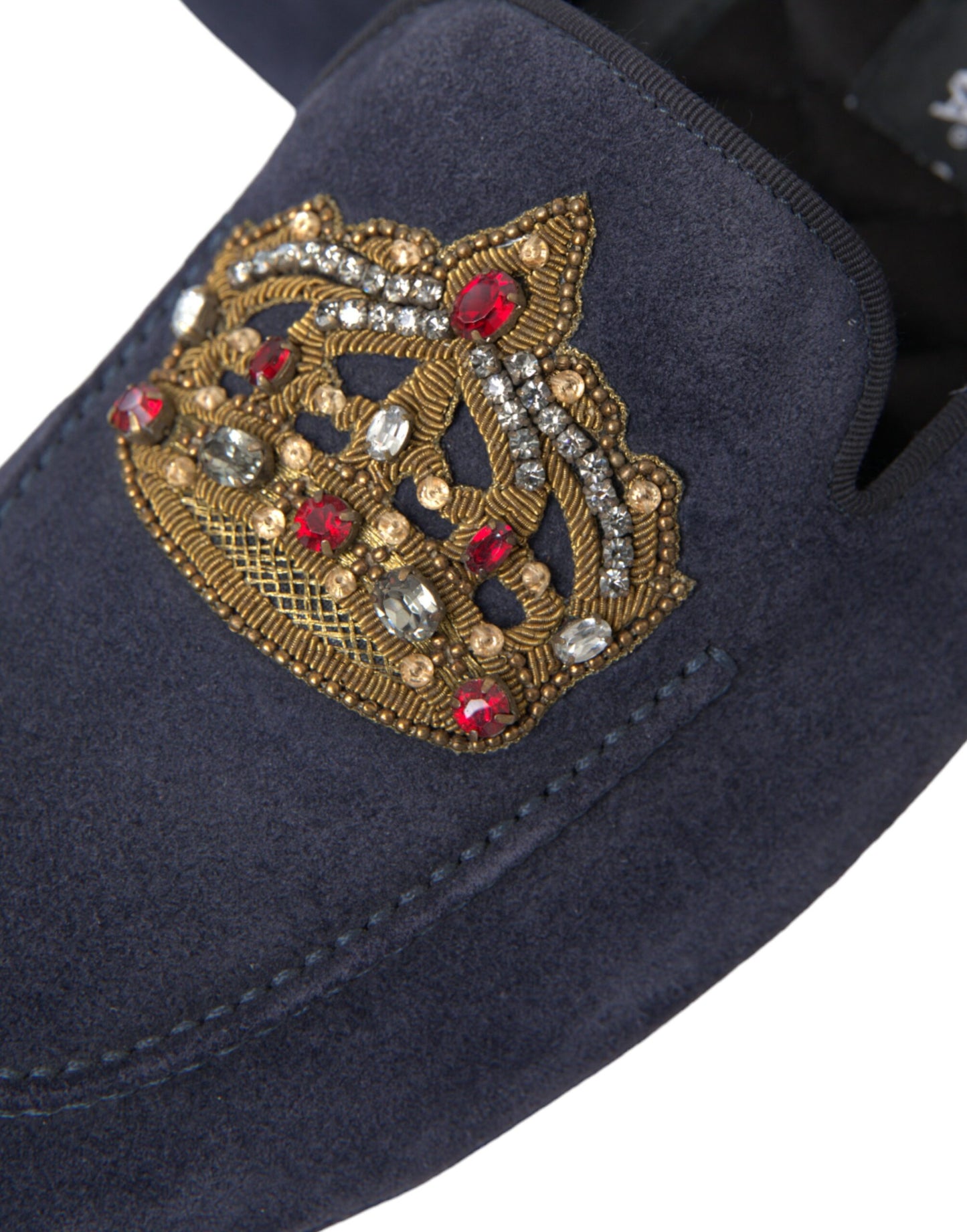 Dolce & Gabbana Blue Leather Suede Crystal Crown Loafers Shoes Curated Luxury Accessories by Orvyn