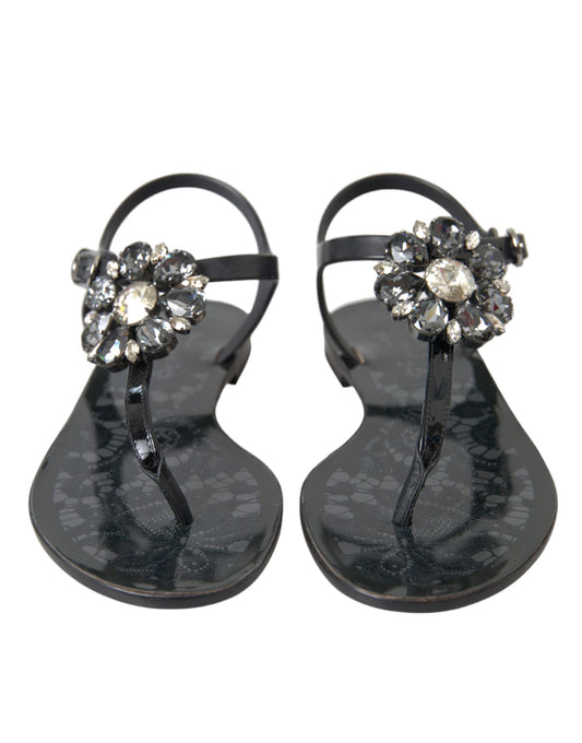 Dolce & Gabbana Black Crystal Flats Sandals Flip Flops Shoes Curated Luxury Accessories by Orvyn
