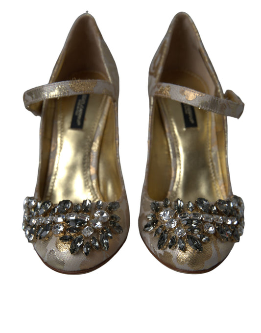 Dolce & Gabbana Gold Jacquard Crystal Mary Janes Pumps Shoes Curated Luxury Accessories by Orvyn