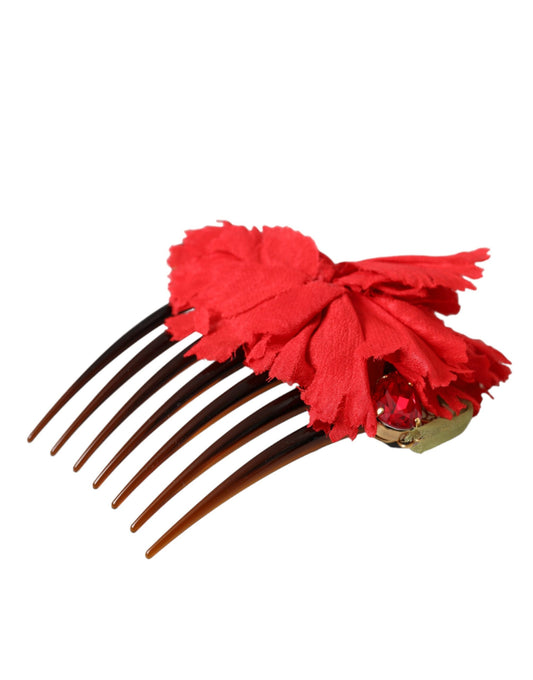 Dolce & Gabbana Red Silk Floral Gold Brass Women Hair Comb Curated Luxury Accessories by Orvyn