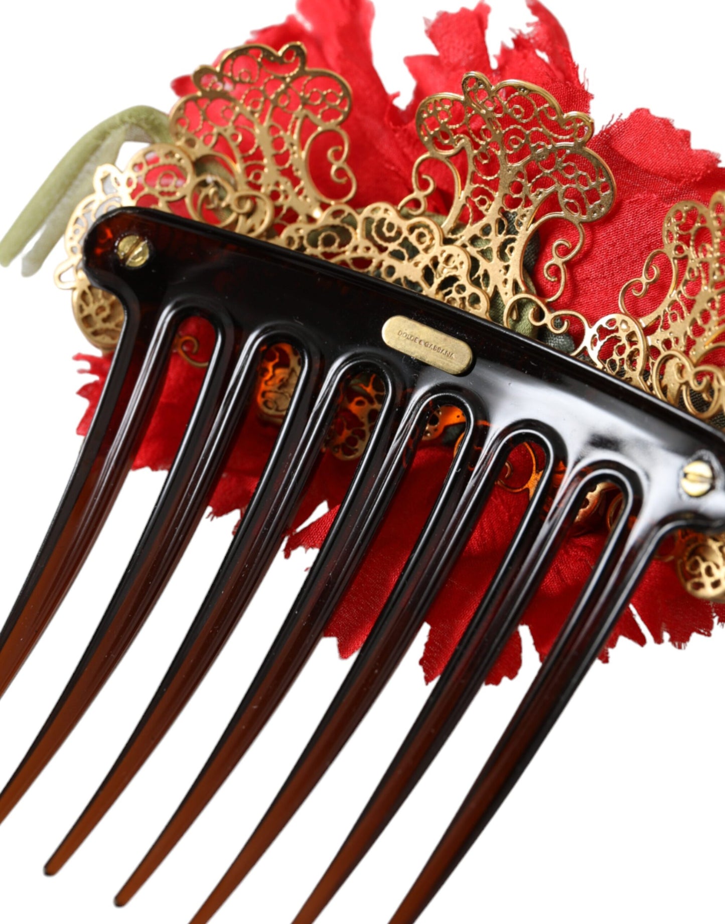 Dolce & Gabbana Red Silk Floral Gold Brass Women Hair Comb Curated Luxury Accessories by Orvyn
