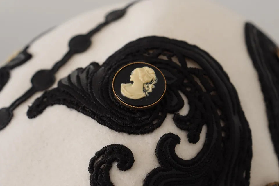 Dolce & Gabbana White Black Wool Embroidered Cameo Brooch Hat Curated Luxury Accessories by Orvyn