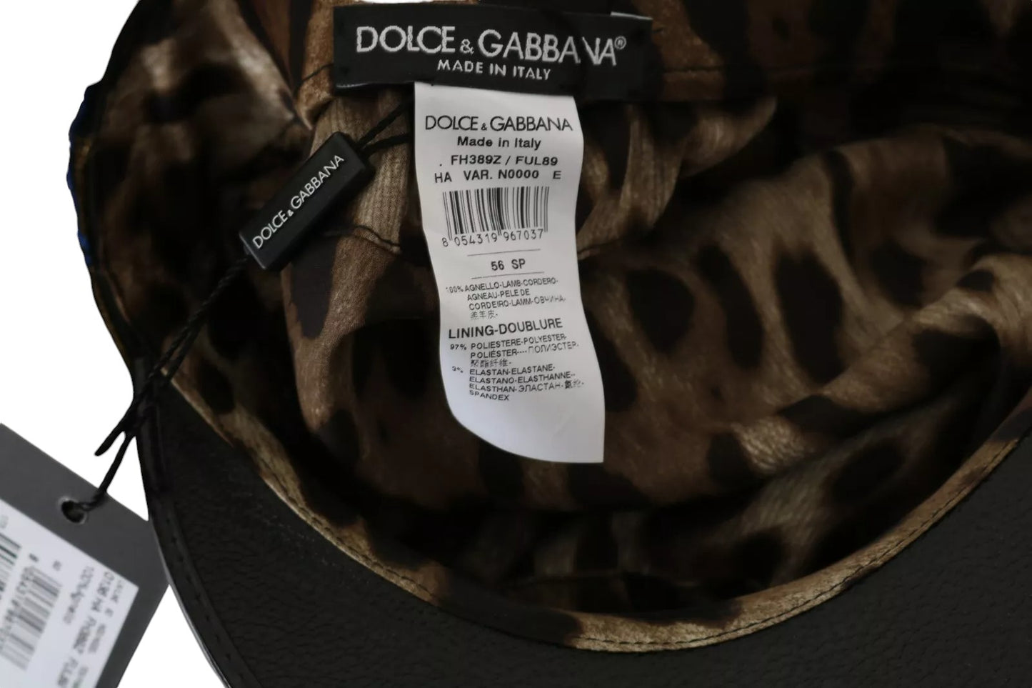 Dolce & Gabbana Black Leather Crystal Beads Gold Ribbon Fiddler Cap Curated Luxury Accessories by Orvyn