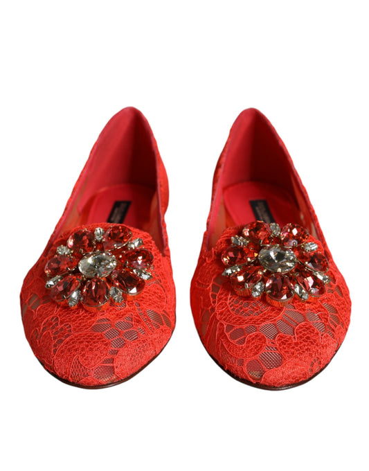 Dolce & Gabbana Coral Lace Crystal Ballet Flats Loafers Shoes Curated Luxury Accessories by Orvyn