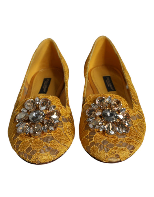 Dolce & Gabbana Mustard Lace Crystal Ballet Flats Loafer Shoes Curated Luxury Accessories by Orvyn