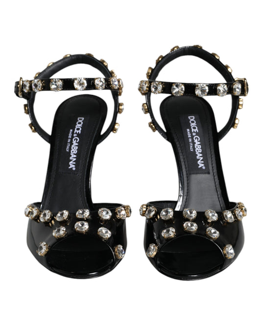 Dolce & Gabbana Black Leather Crystal Ankle Strap Sandals Shoes Curated Luxury Accessories by Orvyn