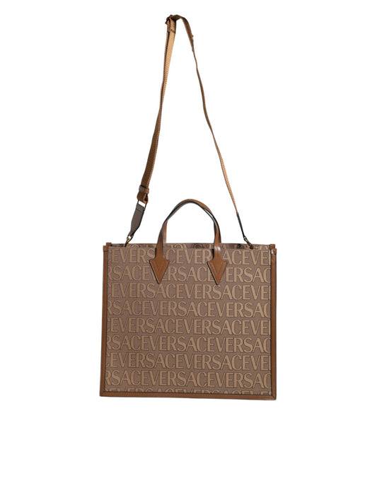 Versace Brown Top Handle Jacquard Leather Logo Crossbody Tote Bag Curated Luxury Accessories by Orvyn