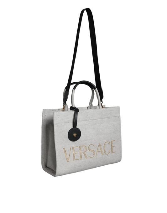 Versace White Top Handle Canvas Leather Logo Crossbody Tote Bag Curated Luxury Accessories by Orvyn