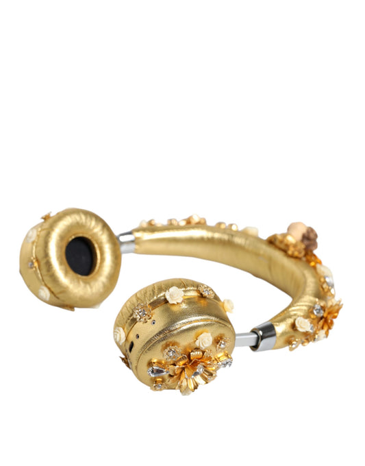 Dolce & Gabbana Gold Leather Floral Crystal Angel Headset Headphones Curated Luxury Accessories by Orvyn