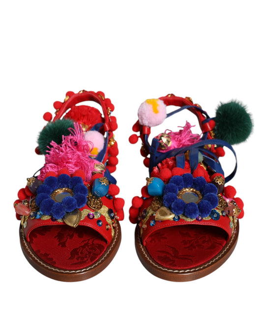 Dolce & Gabbana Multicolor Pom Pom Fur Wrap Sandals Shoes Curated Luxury Accessories by Orvyn