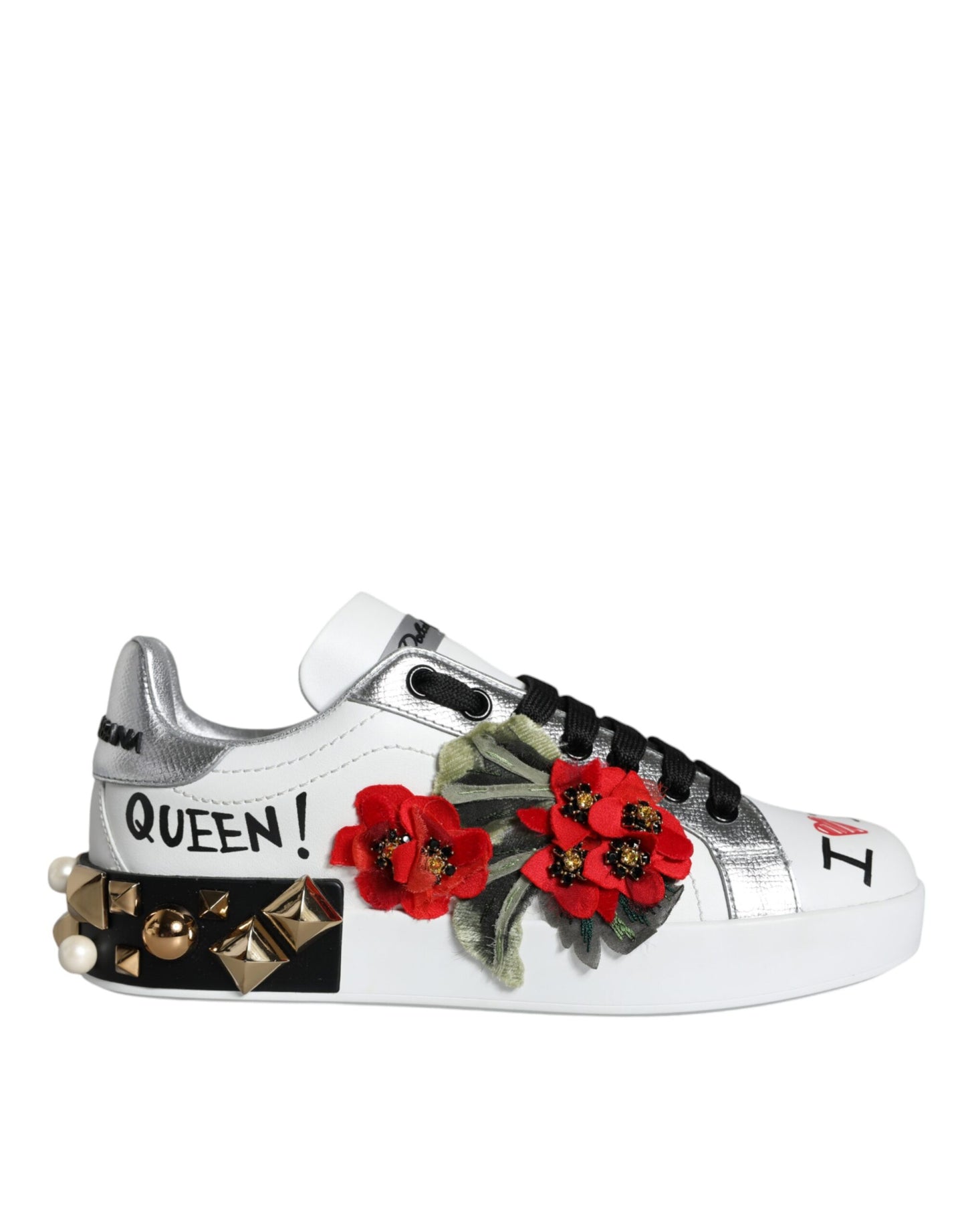 Dolce & Gabbana White Leather Floral Studded Sneakers Shoes Curated Luxury Accessories by Orvyn