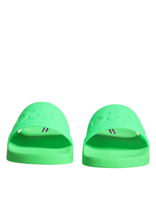 Dolce & Gabbana Green Leather Slides Sandals Beachwear Shoes Curated Luxury Accessories by Orvyn