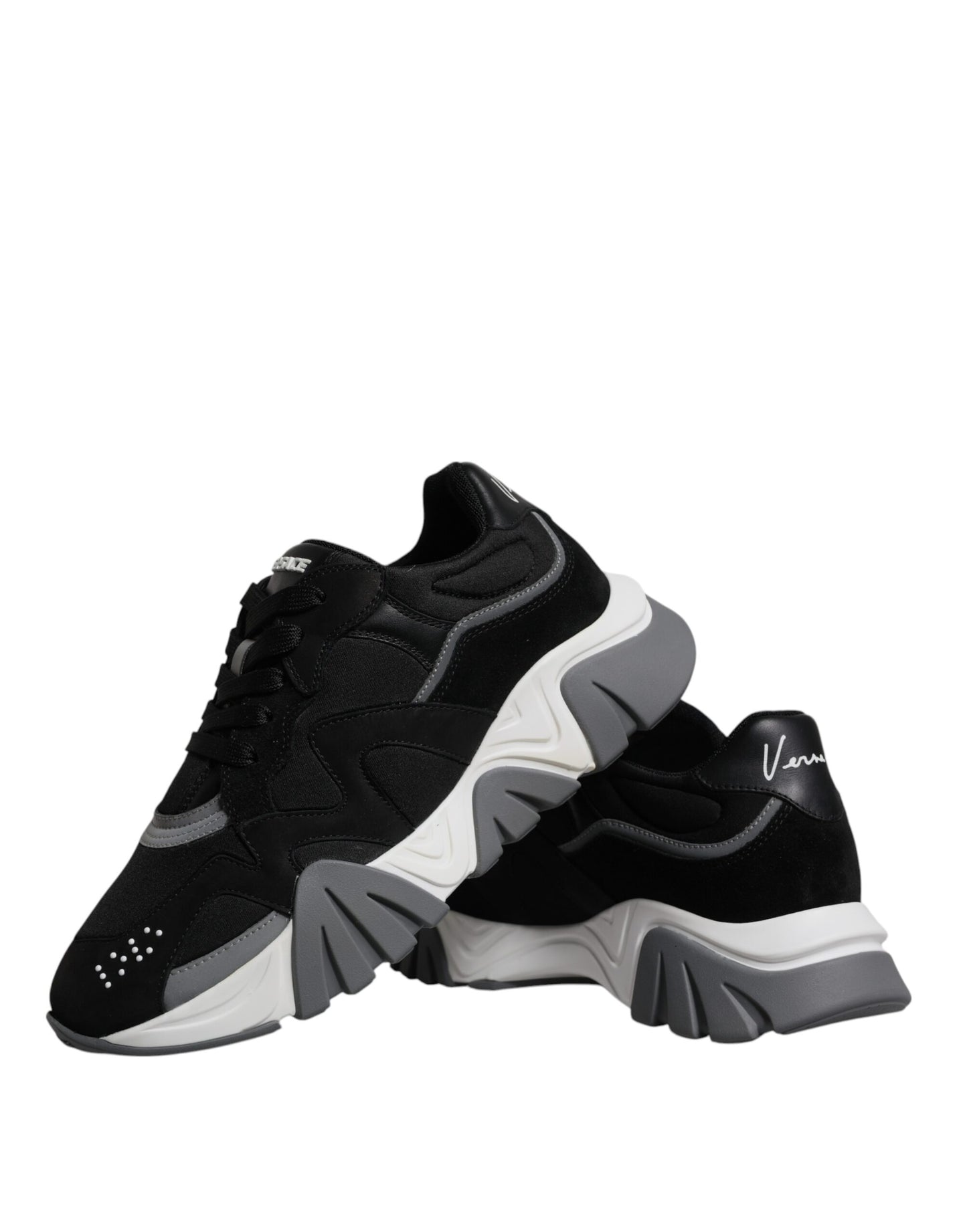 Versace Black Leather Neoprene Chunky Low Top Sneakers Squalo Shoes Curated Luxury Accessories by Orvyn