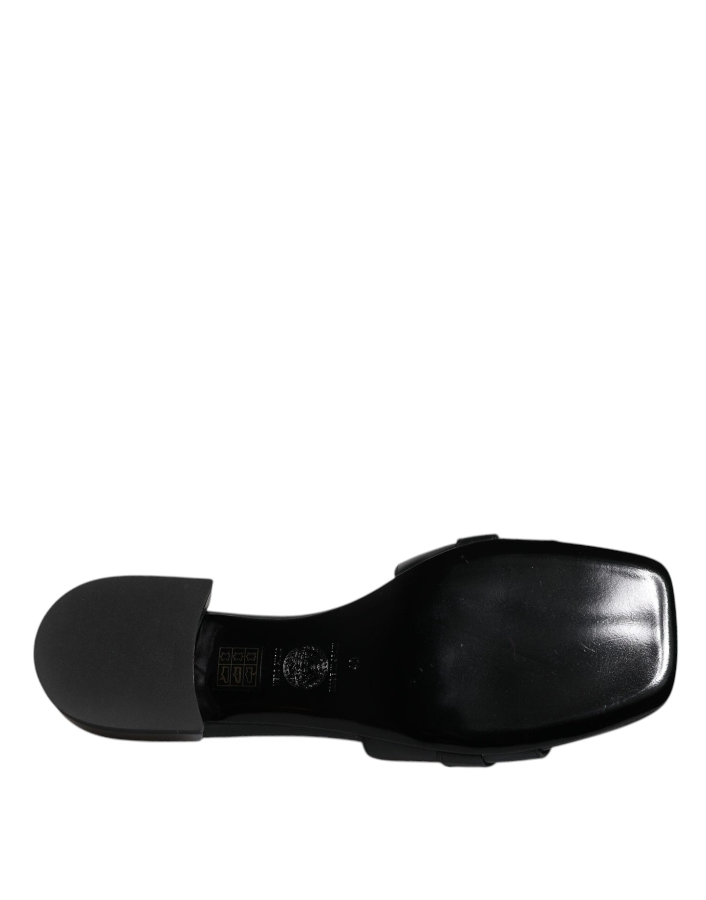 Versace Black Leather Logo Plaque Slip On Slides Flats Shoes Curated Luxury Accessories by Orvyn