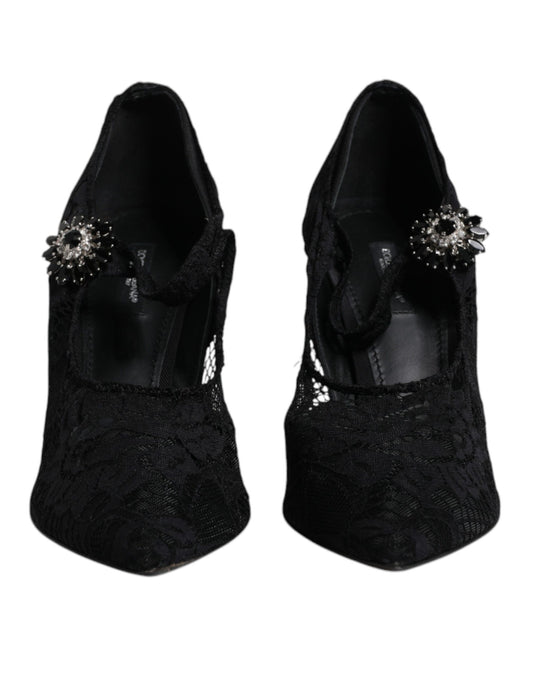 Dolce & Gabbana Black Lace Crystals Mary Jane Pumps Shoes Curated Luxury Accessories by Orvyn