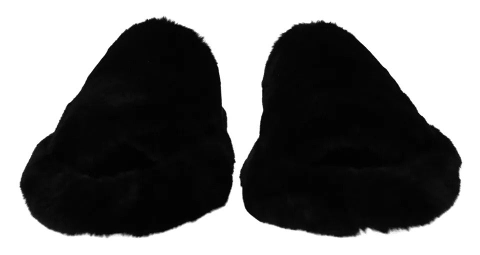 Dolce & Gabbana Black Polyester Faux Fur Mens Flats Sandals Shoes Curated Luxury Accessories by Orvyn