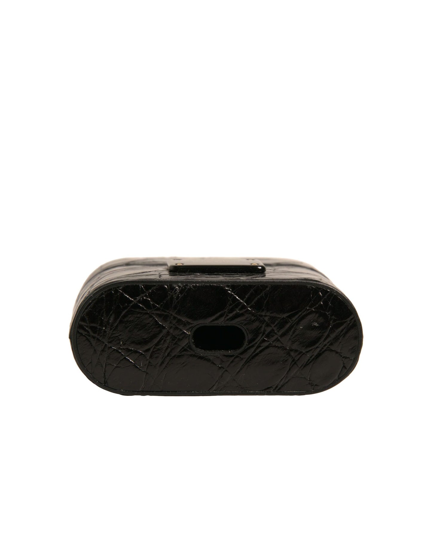Dolce & Gabbana Black Leather Metal Logo Plaque Holder Airpods Case Curated Luxury Accessories by Orvyn