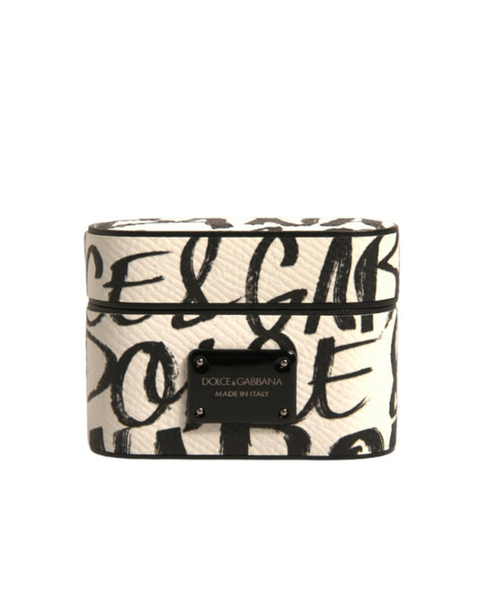Dolce & Gabbana Black White Leather Scribble Embossed Logo Airpods Case schwarz