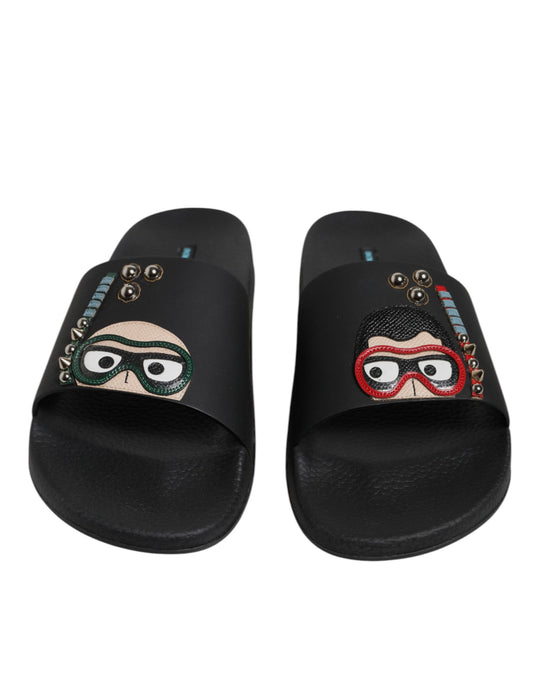 Dolce & Gabbana Black Divers Leather Flats Slides Sandals Beachwear Shoes Curated Luxury Accessories by Orvyn