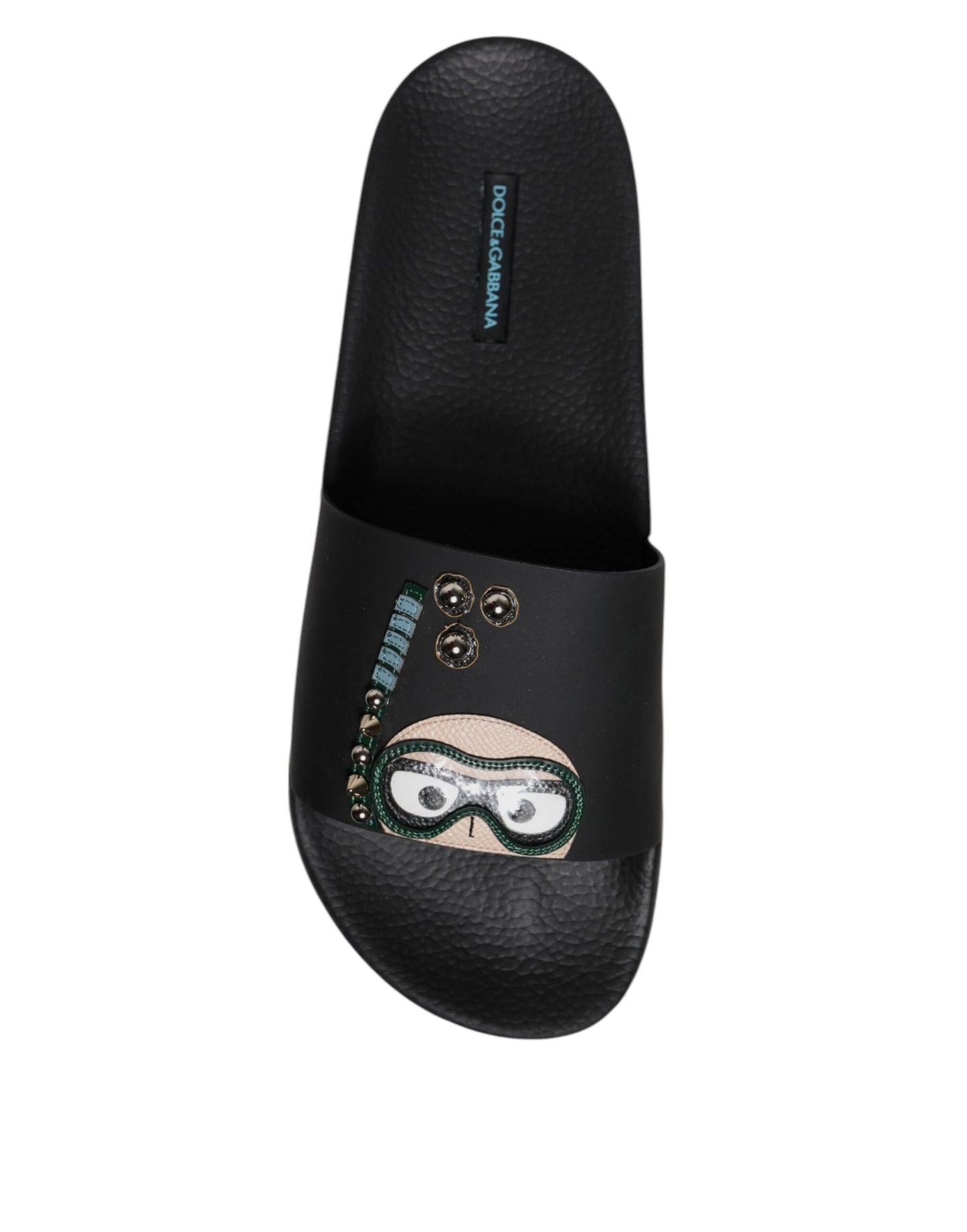 Dolce & Gabbana Black Divers Leather Flats Slides Sandals Beachwear Shoes Curated Luxury Accessories by Orvyn