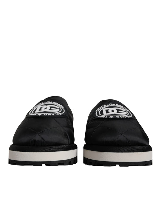 Dolce & Gabbana Black Nylon Quilted Logo Patch Sandals Slides Shoes Curated Luxury Accessories by Orvyn