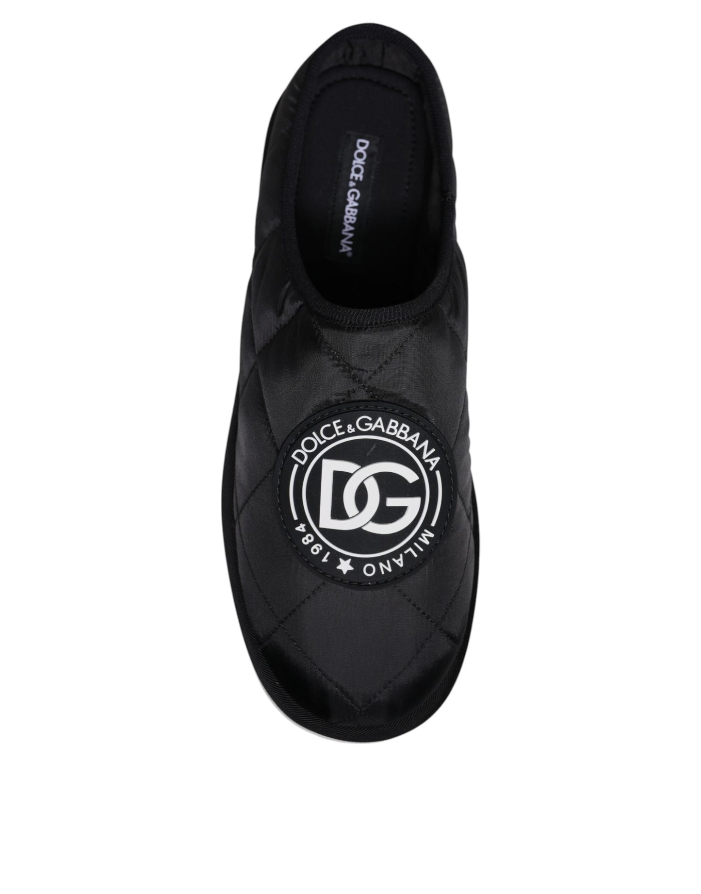 Dolce & Gabbana Black Nylon Quilted Logo Patch Sandals Slides Shoes Curated Luxury Accessories by Orvyn