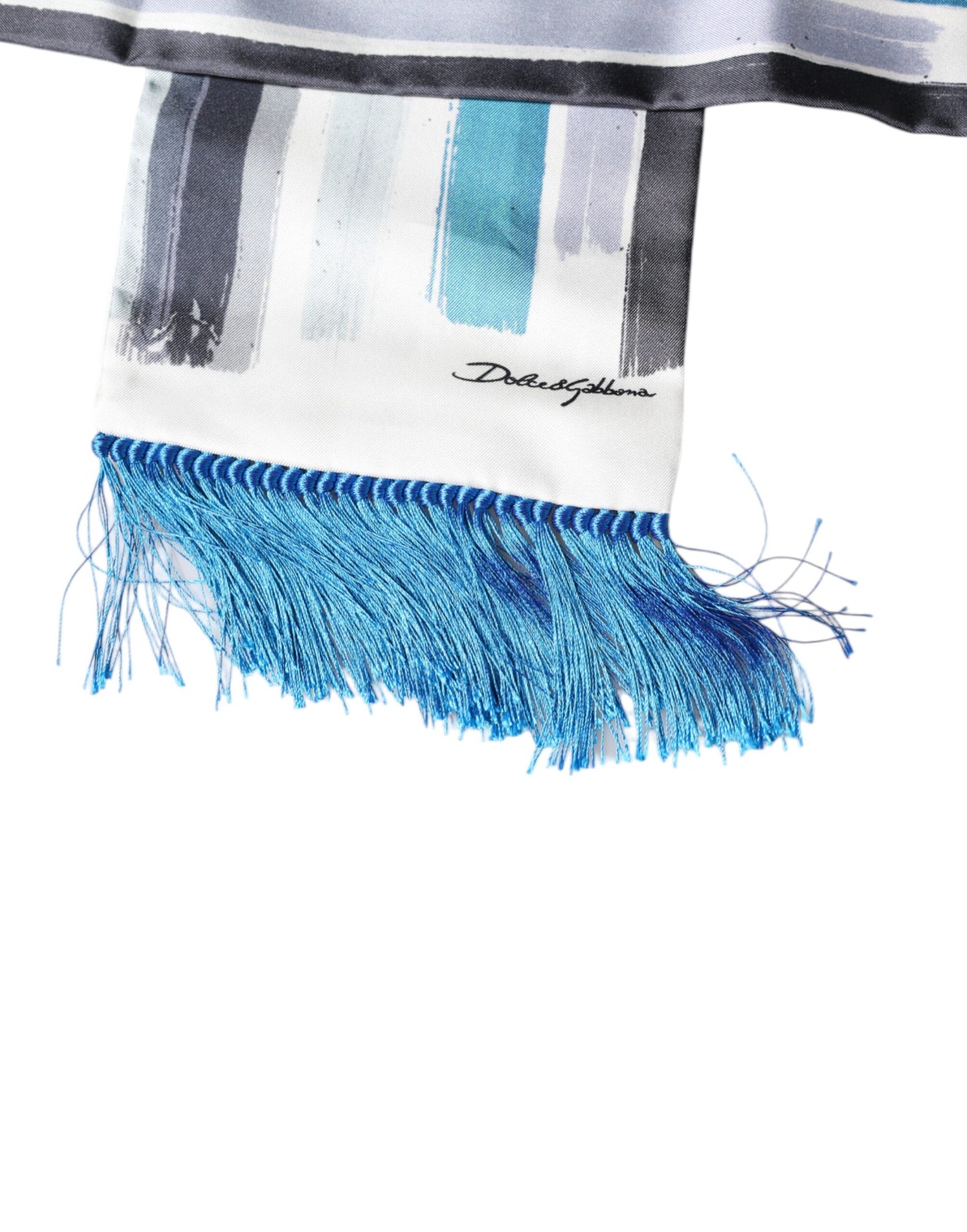 Dolce & Gabbana White Blue Stripes Silk Fringes Wrap Scarf Curated Luxury Accessories by Orvyn