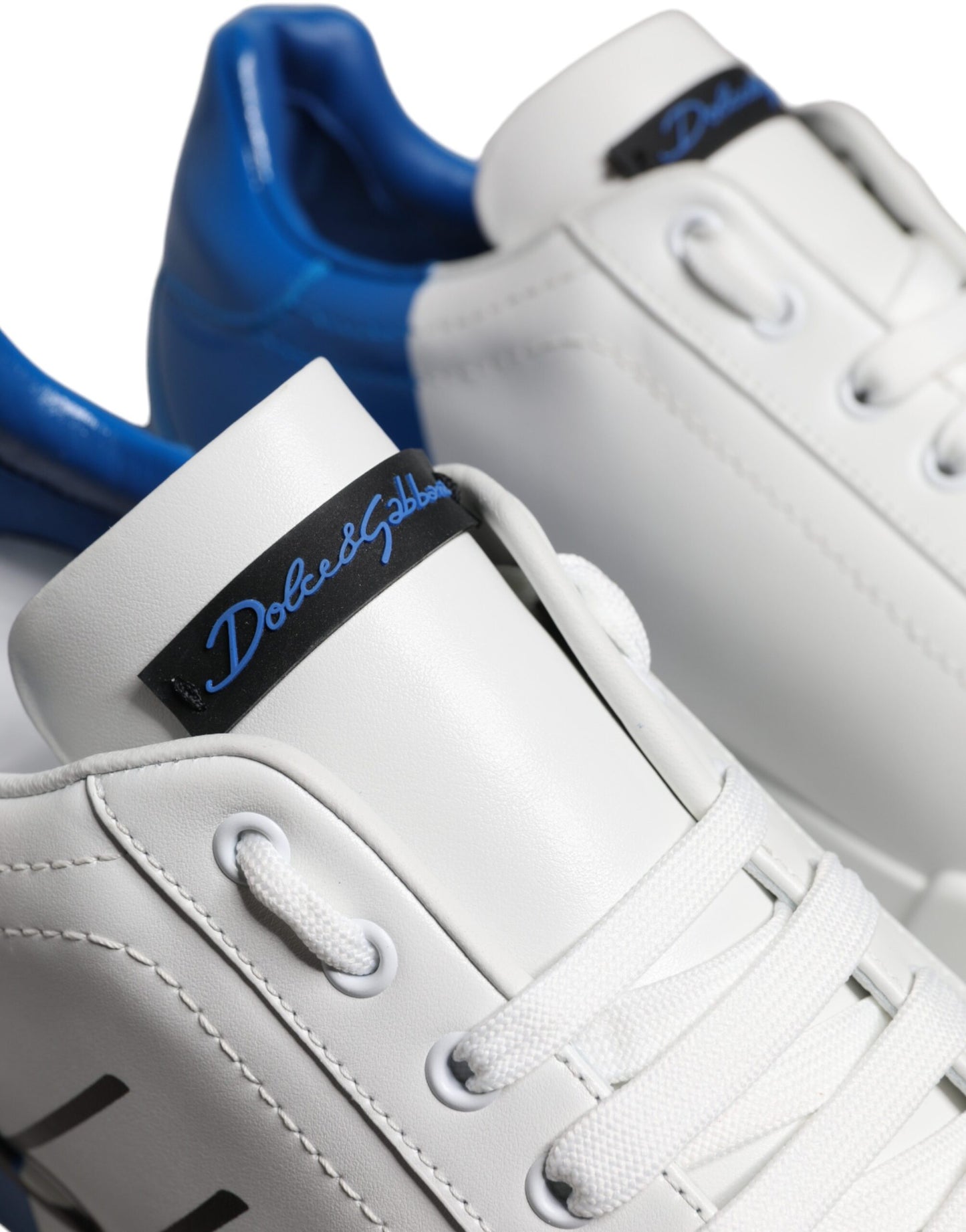 Dolce & Gabbana White Blue Leather Logo Low Top Sneakers Shoes Curated Luxury Accessories by Orvyn