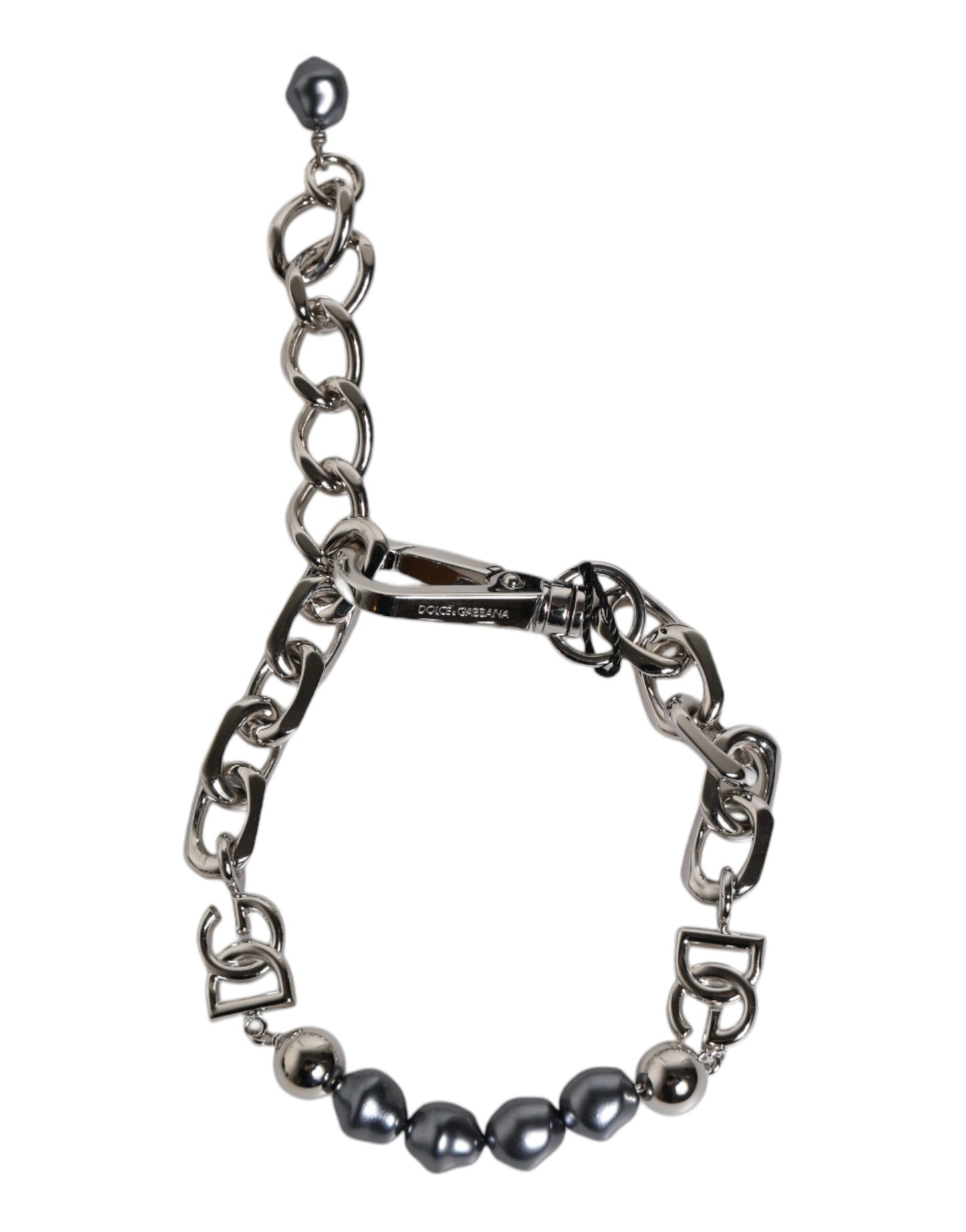 Dolce & Gabbana Silver Tone Chain Lobster Clasp Logo Gray Pearls Bracelet grau