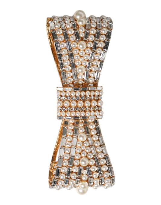 Dolce & Gabbana Gold Tone Brass Bow Crystal FauxPearl Embellished Brooch Curated Luxury Accessories by Orvyn
