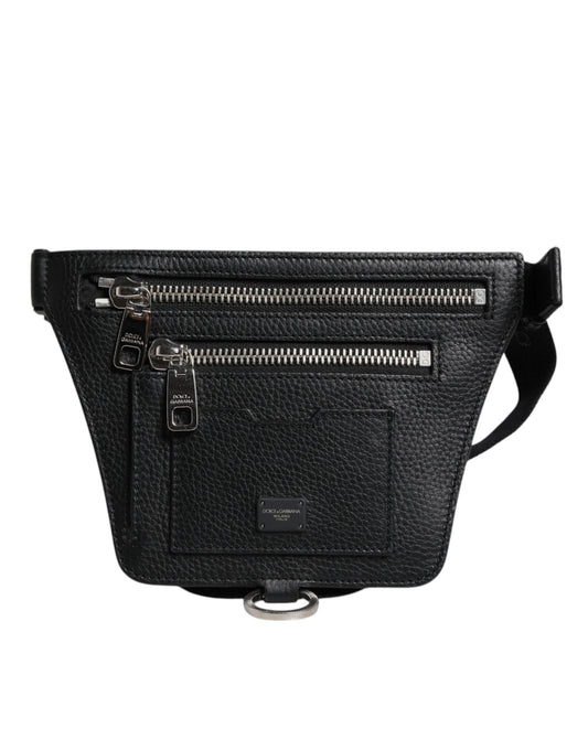 Dolce & Gabbana Black Calfskin Logo Plaque Belt Waist Men Fanny Pack Bag schwarz