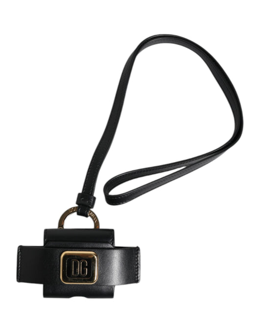 Dolce & Gabbana Black Leather Strap Gold Metal Logo Plaque Airpods Case schwarz